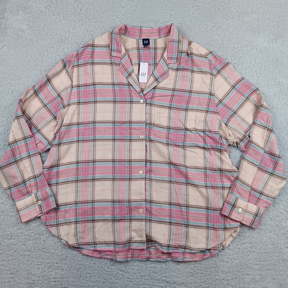 Gap Sleep Shirt Flannel LS But Women XXL Pink‎ Blue Plaid S/816698-01